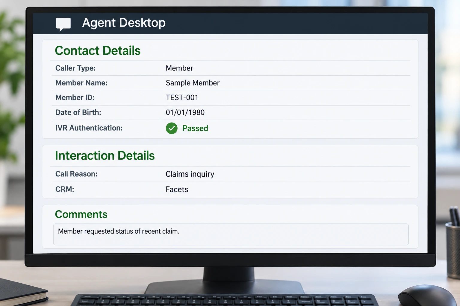 Illustrative agent desktop showing caller details and IVR authentication status.