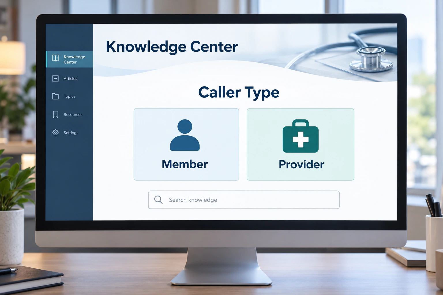Illustrative knowledge management screen offering Member and Provider caller types.