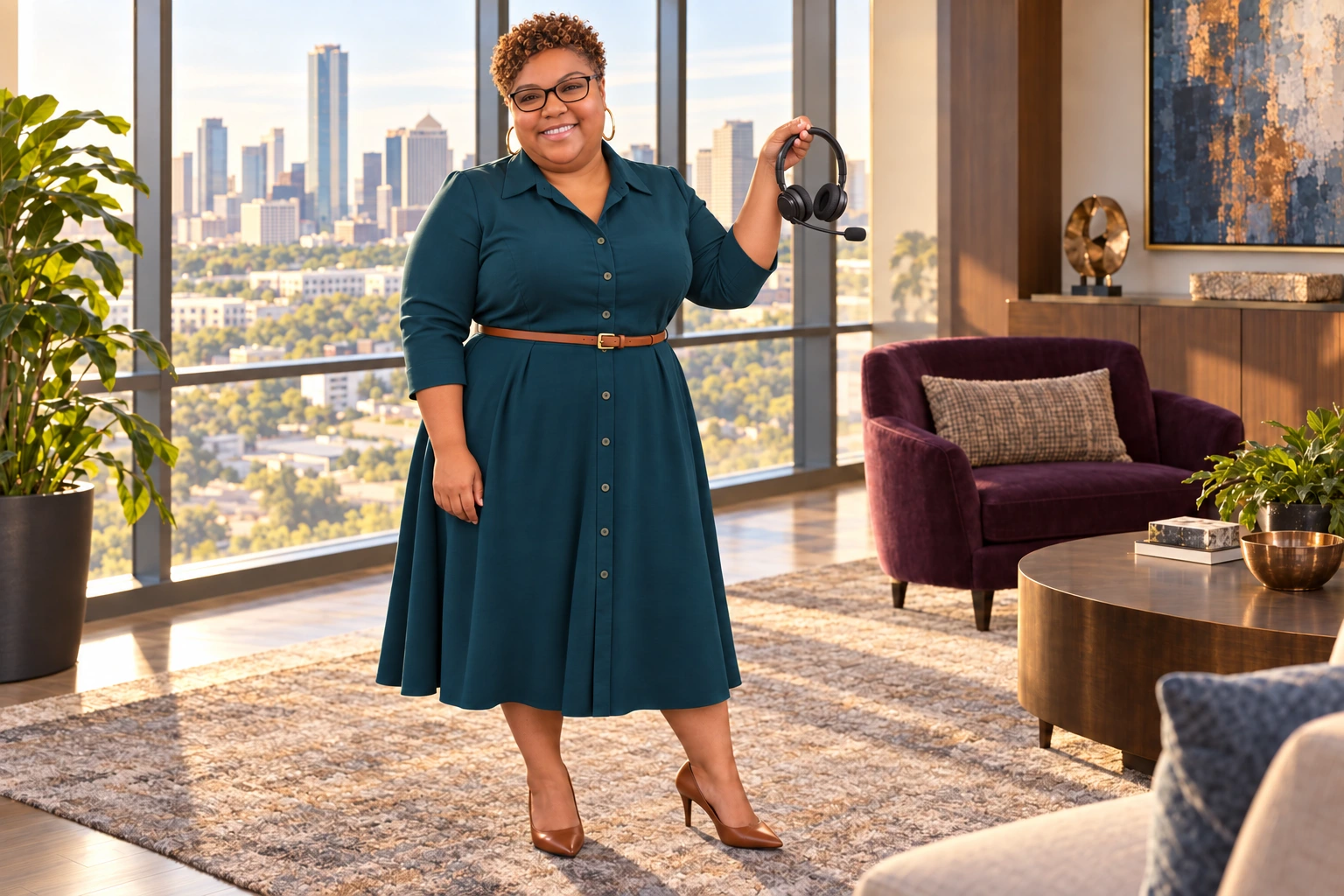 Patrice Chance in a teal dress, displaying a customer service headset in an office overlooking Houston.